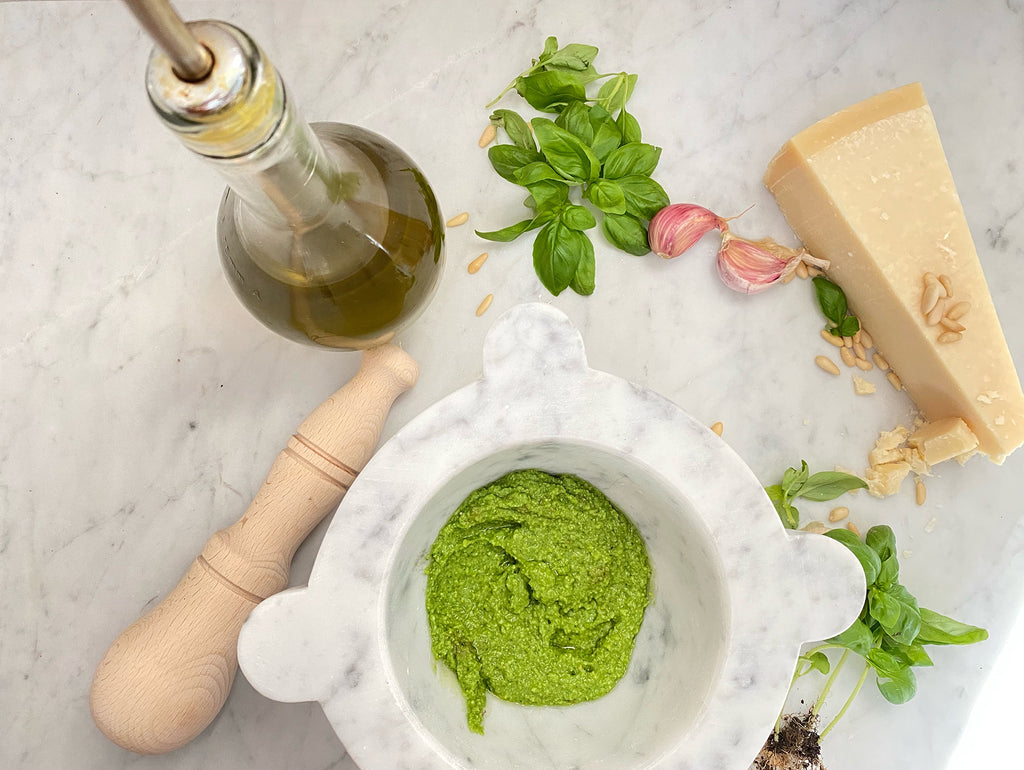 The secrets of Genoese Pesto in a marble mortar